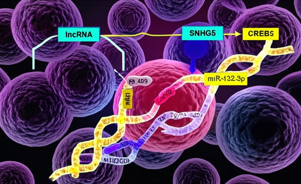 Digital illustration of cancer cells with the SNHG5 RNA molecule highlighted.