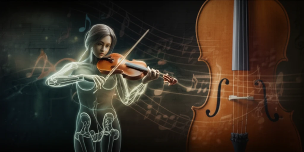 Illustration of a musician playing string instrument with anatomical elements and musical notes in the background, symbolizing the link between music and physical well-being.