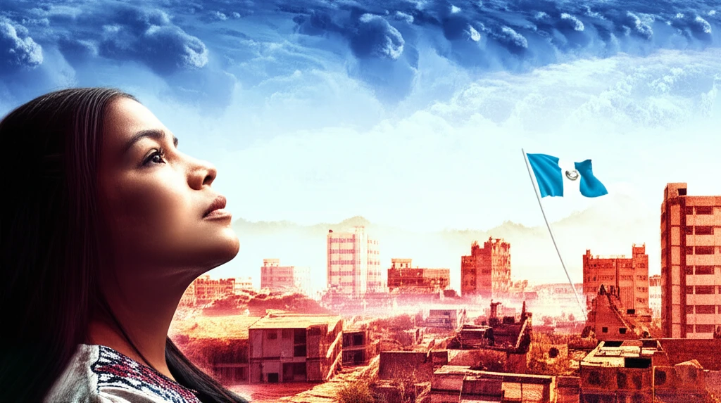Digital illustration depicting a woman in Guatemala looking towards the sky with war torn ruins, representing hope and remembrance.