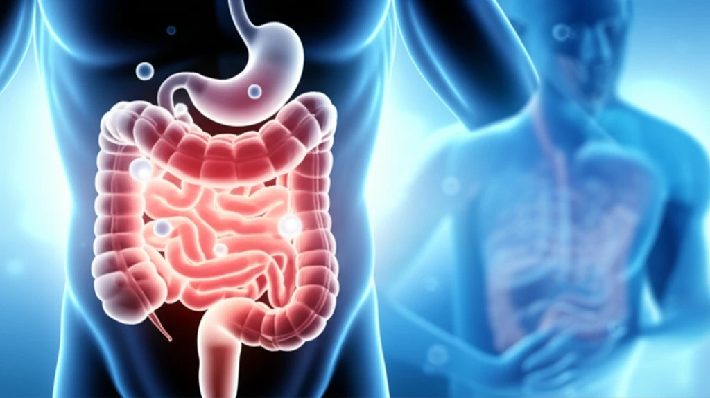Illustration depicting the benefits of nitric oxide on gut health, showing healing and reduced inflammation in the digestive system.