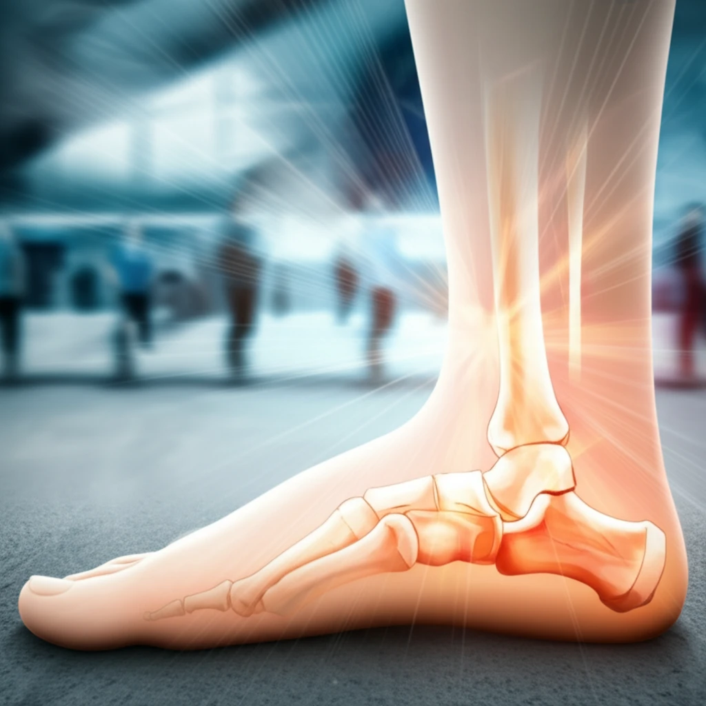 Illustration of a foot with a healing calcaneus fracture, representing recovery and resilience.