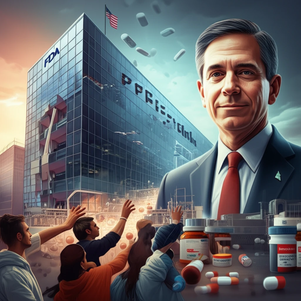 Illustration of the FDA building merging with a pharmaceutical factory, symbolizing changes during the Trump administration, with patients reaching for new medications.