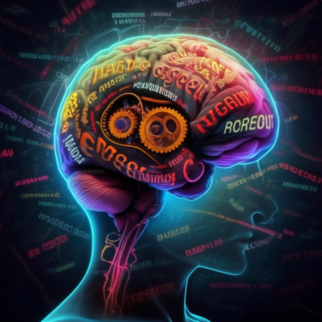 Illustration of a brain with adjectives floating around it, representing the power of words in scientific communication.