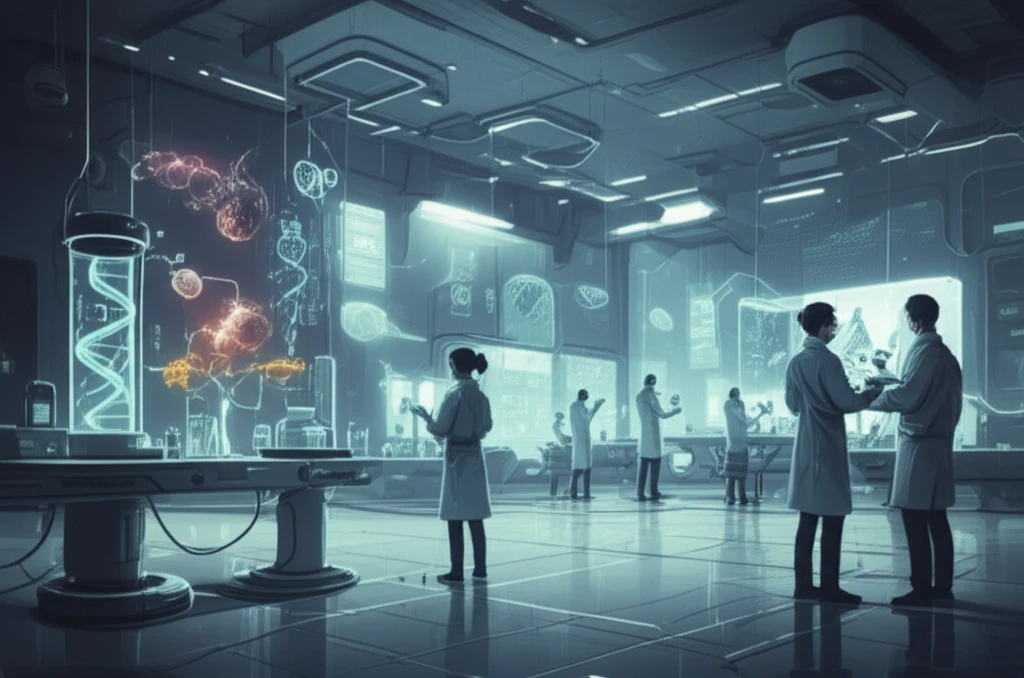 Illustration of a futuristic lab with scientists working on biological structures.