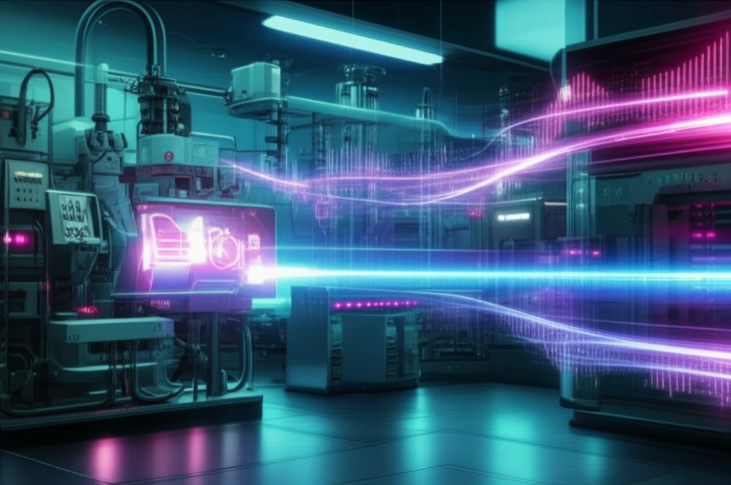 Futuristic pharmaceutical plant with advanced machinery and NIR spectroscopy scanning the output.