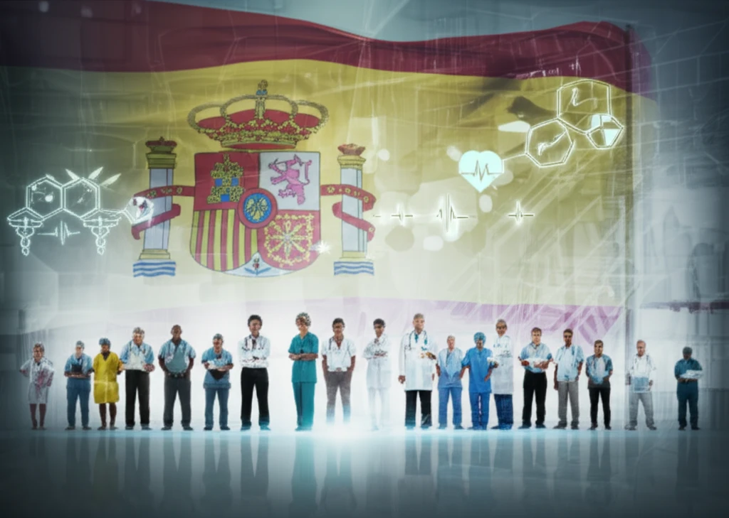 Illustration of people supporting the Spanish healthcare system.