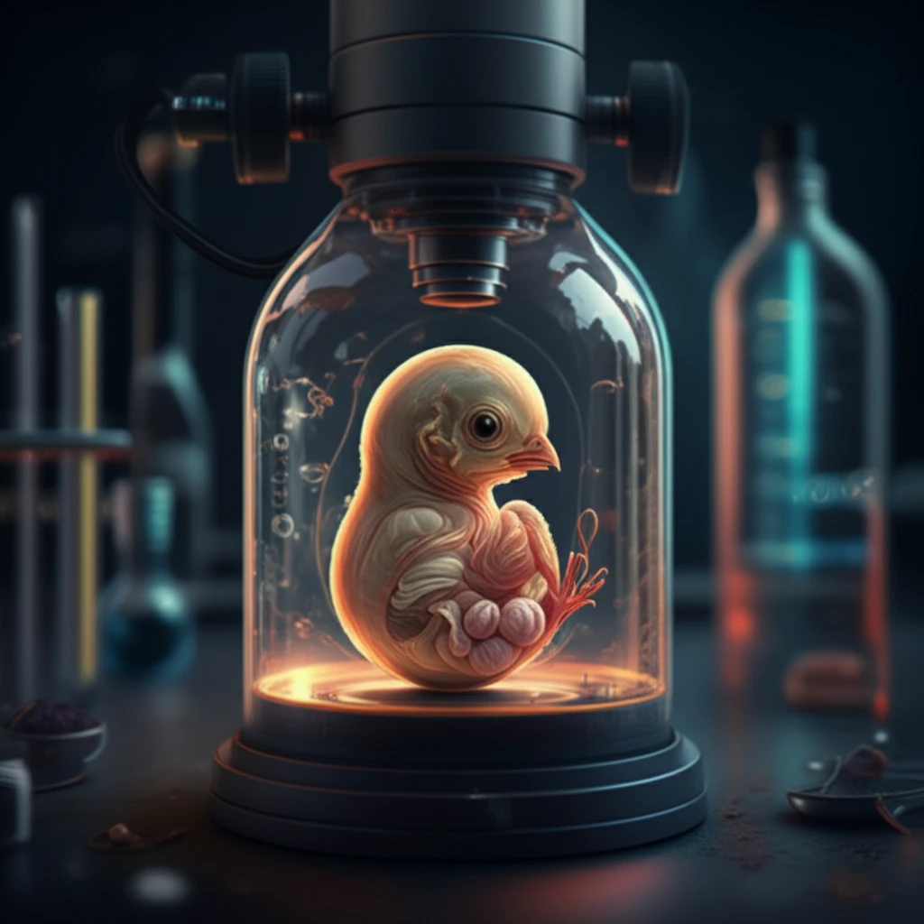 A detailed illustration of a chick embryo in an open humidity chamber, viewed under a microscope, showcasing its vascular system and developing organs.
