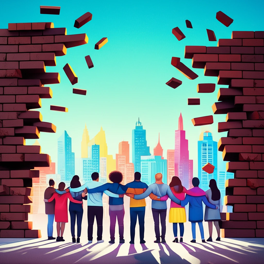 Illustration of people from diverse backgrounds joining hands, breaking down a wall that symbolizes prejudice.