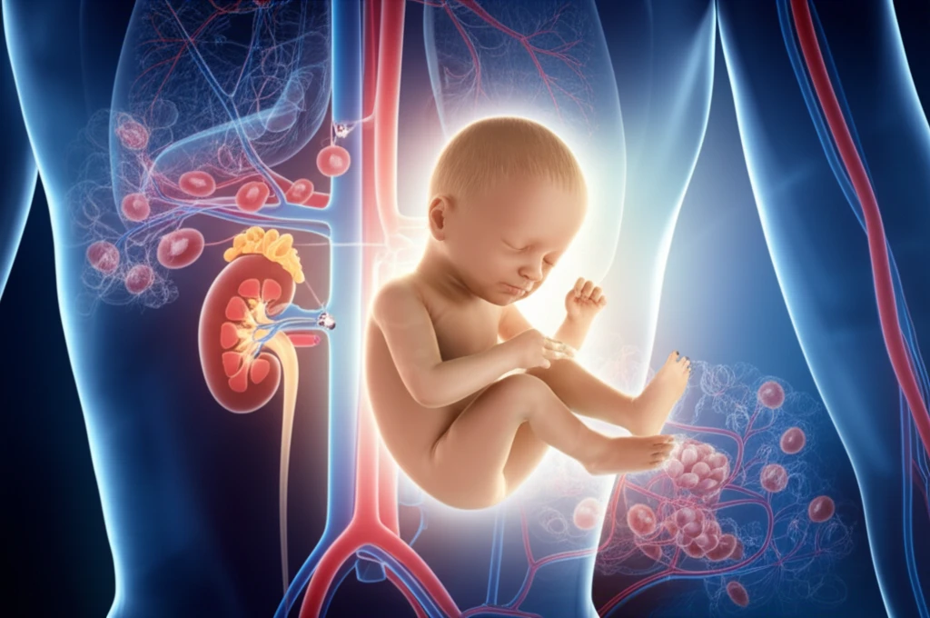 Illustration of a premature baby surrounded by medical symbols representing the renin-angiotensin system.