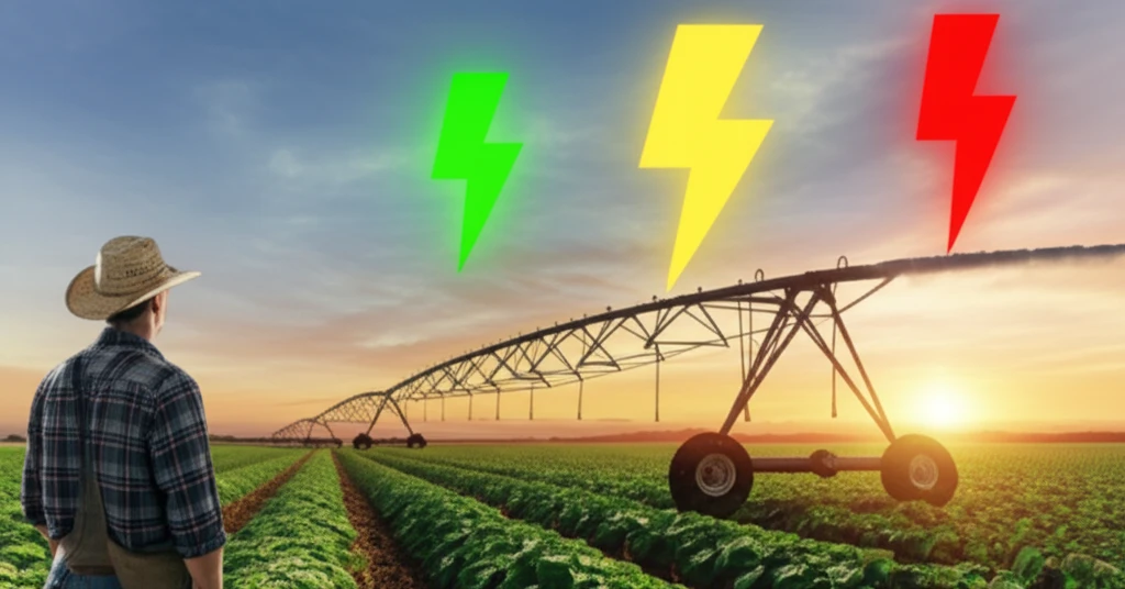 Illustration of a farmer examining irrigation, highlighting energy efficiency and the use of tariff flags.