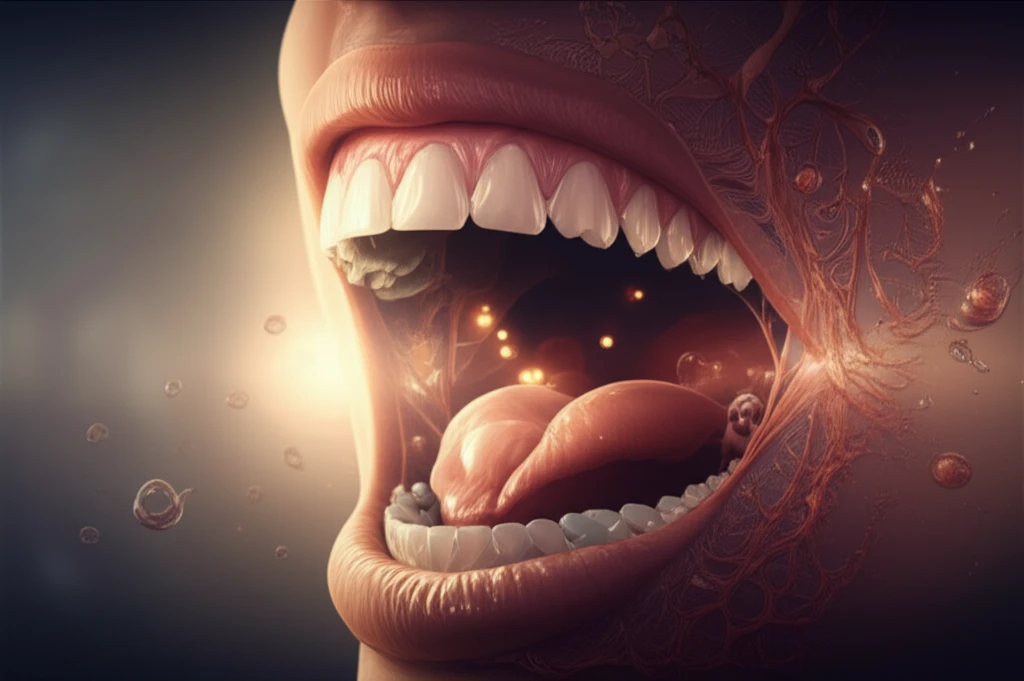 Digital illustration of a detailed mouth with anatomical details, showcasing the intricate structures and potential health concerns.