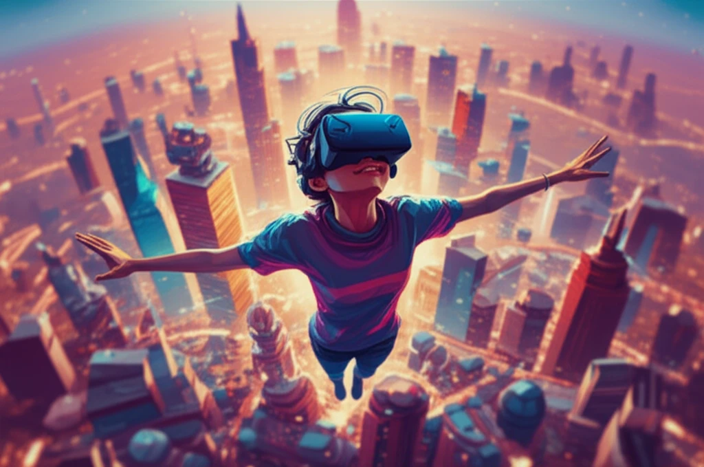 A person experiences flight in virtual reality, symbolizing the potential of VR to enhance empathy and promote prosocial behavior.