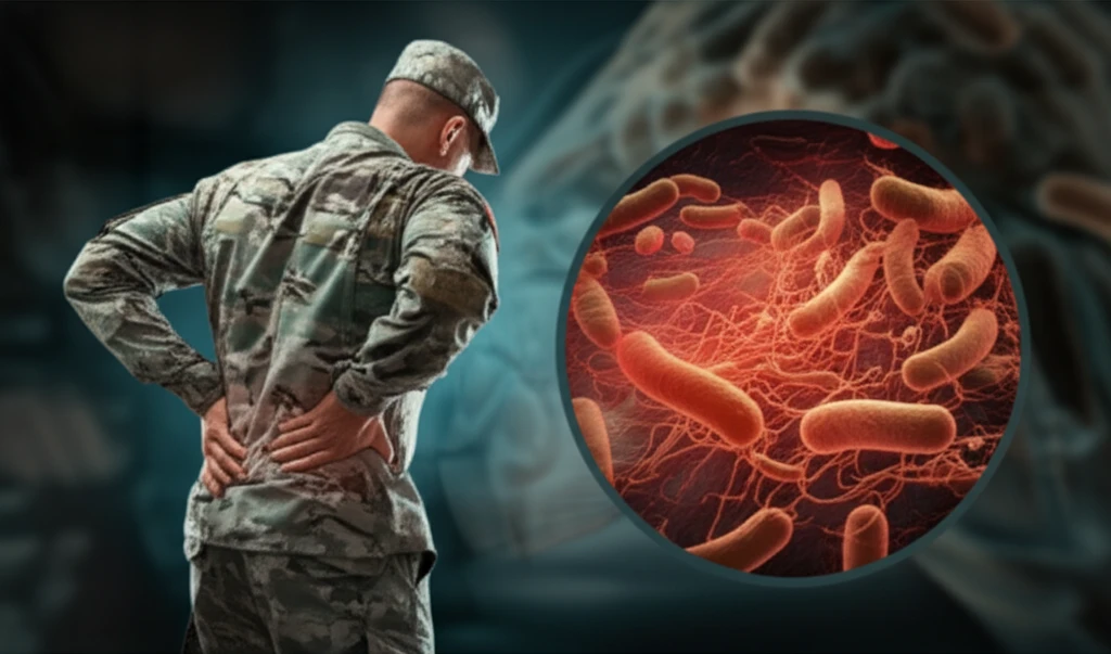 Illustration of a soldier with back pain facing a microscopic view of a bacterial infection.
