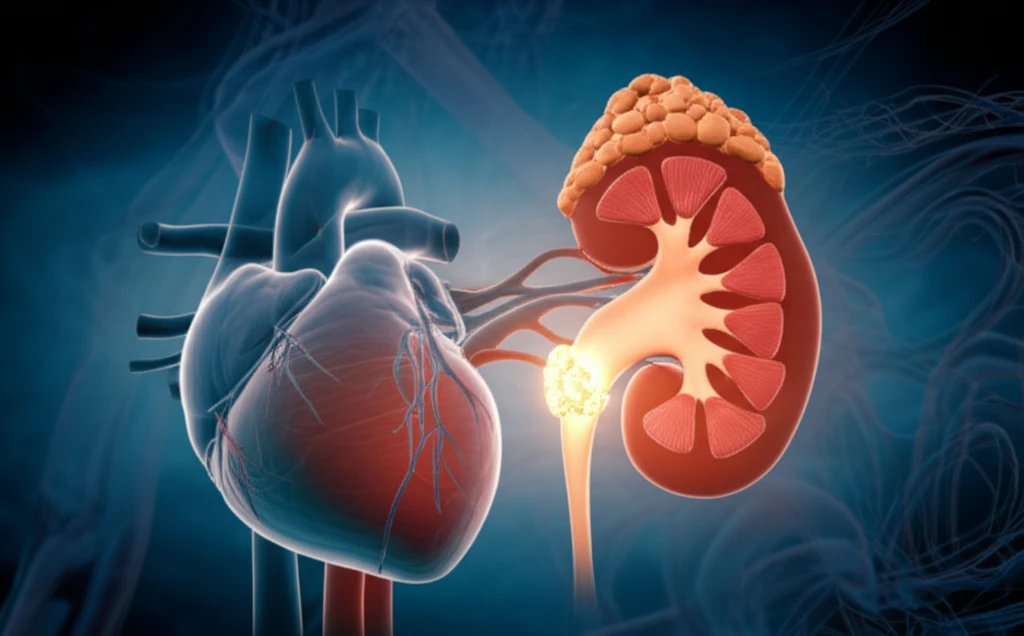 Illustration depicting the heart, kidney, and parathyroid gland connected, showing the relationship between organs.
