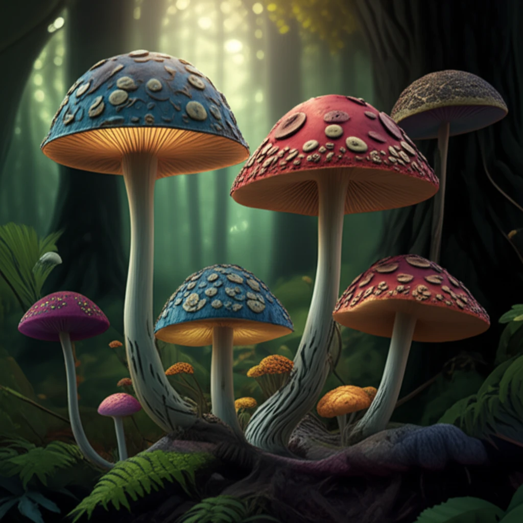 A surreal digital illustration showcasing diverse types of mushrooms growing in a forest.