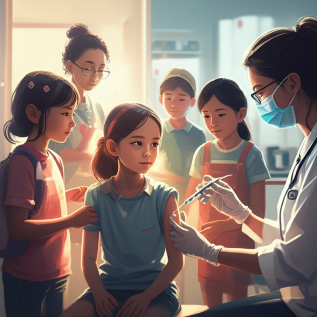 Illustration of children receiving vaccines, symbolizing protection and health in a bright clinic setting.