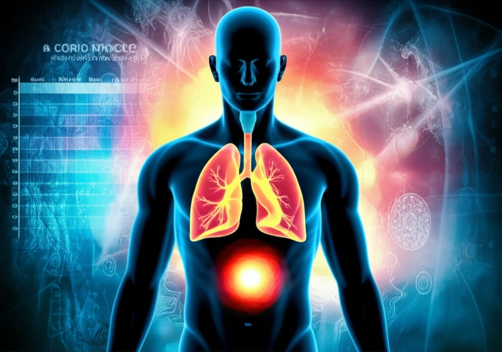 A digital illustration showing a person, with lung cancer cells highlighted, and a heat map of lymph node analysis, symbolizing the new scoring model for NSCLC treatment.