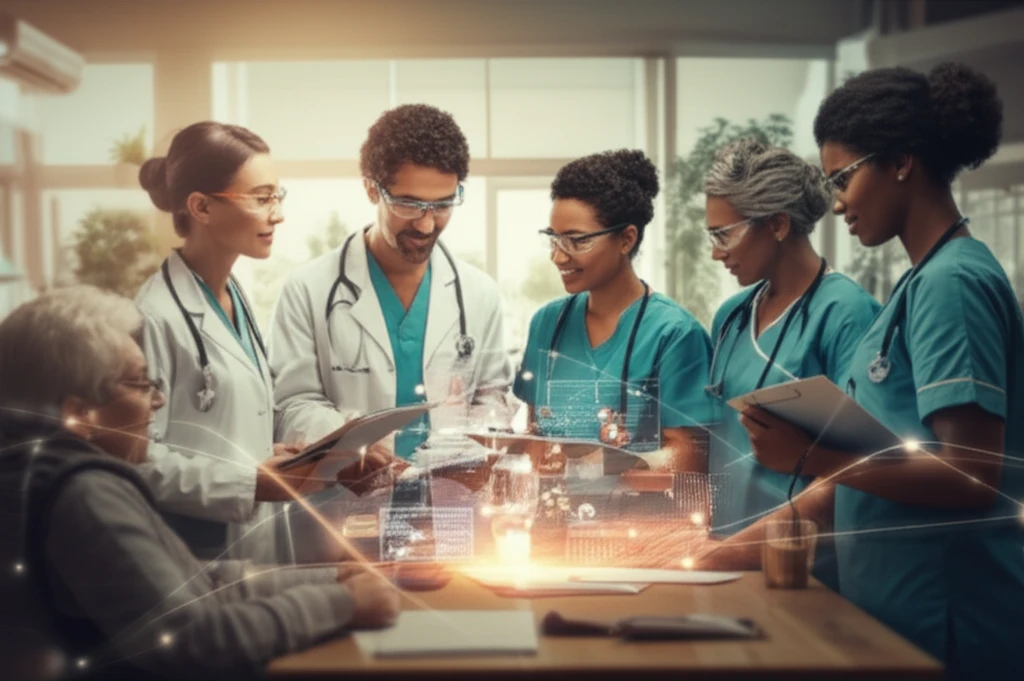 Illustration of researchers and care home staff collaborating, focused on teamwork and communication in aged care research