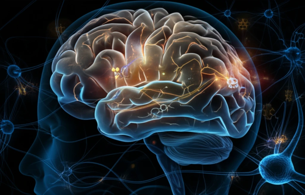 Illustration depicting the fight against brain cancer, with symbolic representations of medical treatments such as radiation and chemotherapy.