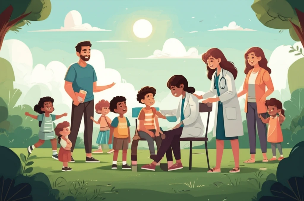 Illustration of children in a park, one receiving a vaccine.