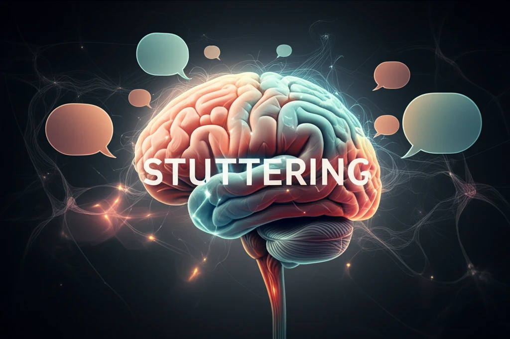 Illustration of a brain with highlighted neural pathways and speech bubbles, symbolizing stuttering research and hope for effective treatments.