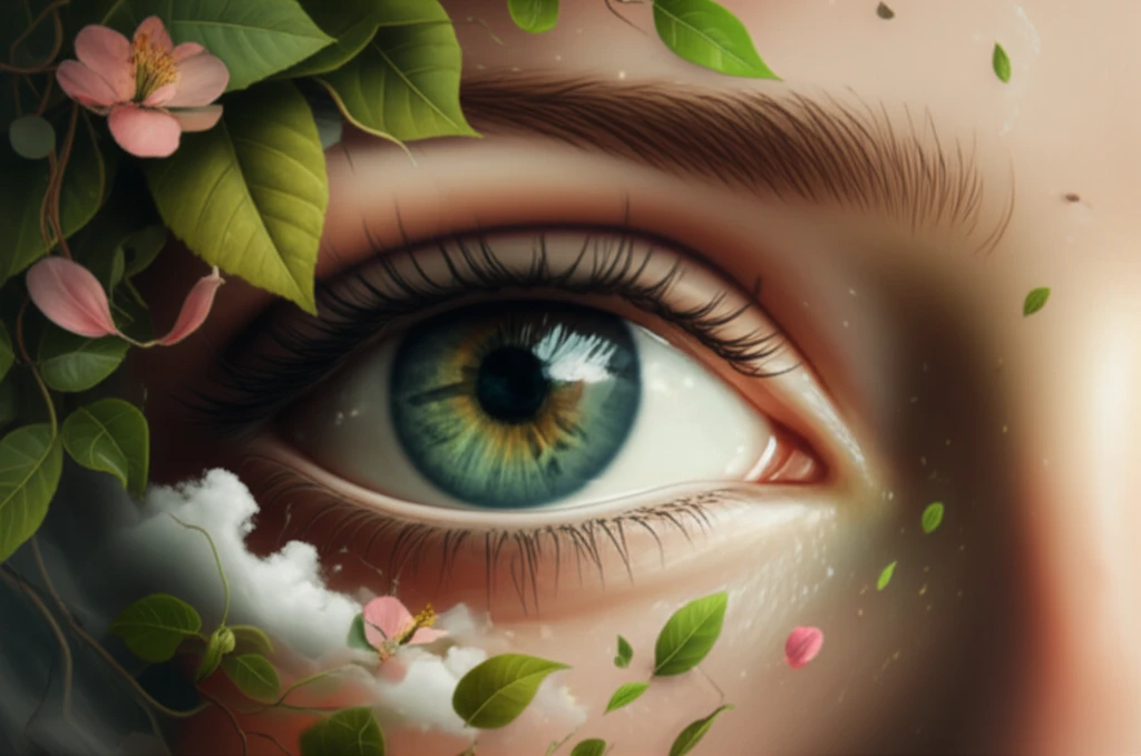 Digital illustration of a clear human eye surrounded by swirling cloud-like formation with natural elements, symbolizing cataract relief.