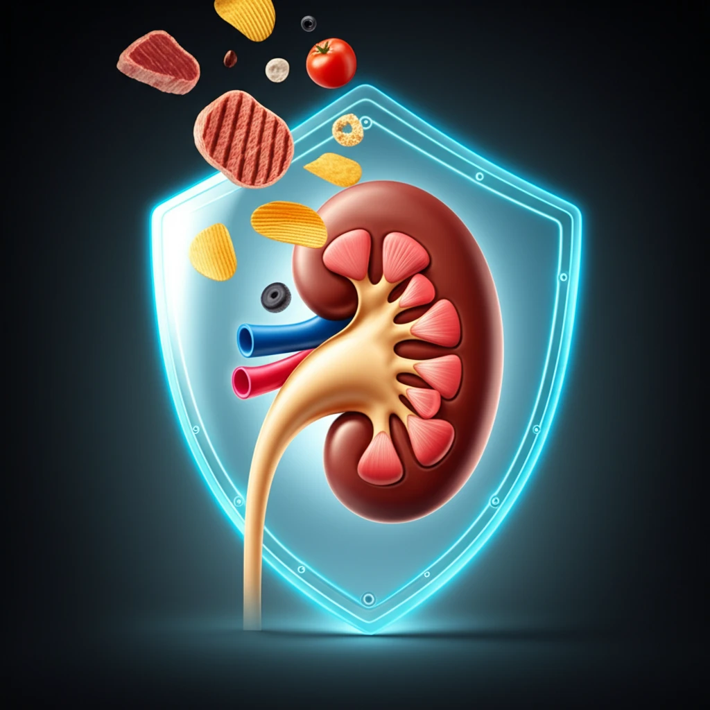 A surreal illustration representing the impact of methylglyoxal on kidneys, with protective elements.