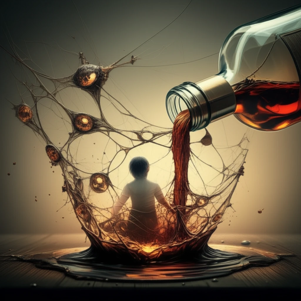 Illustration depicting the complex relationship between alcohol, mental health, and the struggle for recovery.