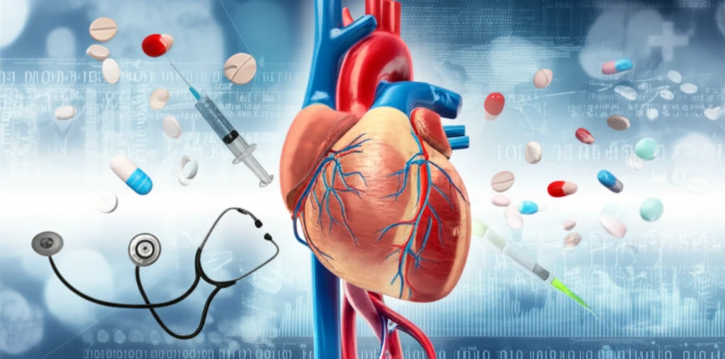 Illustration of heart and medical equipment, with pills, representing antithrombotic therapy.