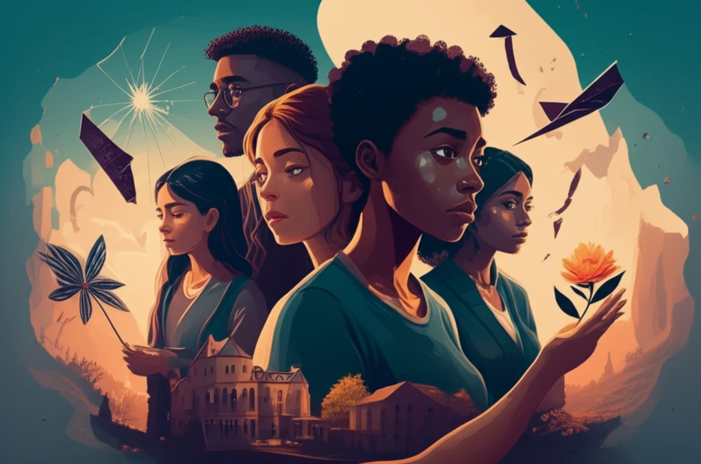 Illustration depicting college students experiencing trauma with symbols of healing and resilience.