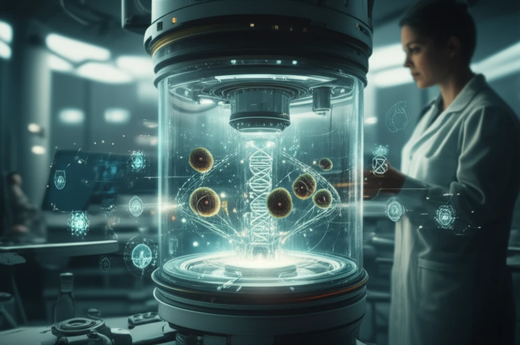 Illustration of a futuristic lab with a baffled bioreactor, symbolizing advancements in biotechnology and cell cultivation.