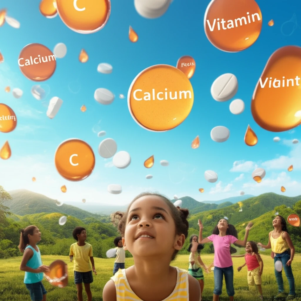 Illustration of a Puerto Rican landscape with children, with floating vitamins and minerals representing the need for micronutrients in kids' diets.