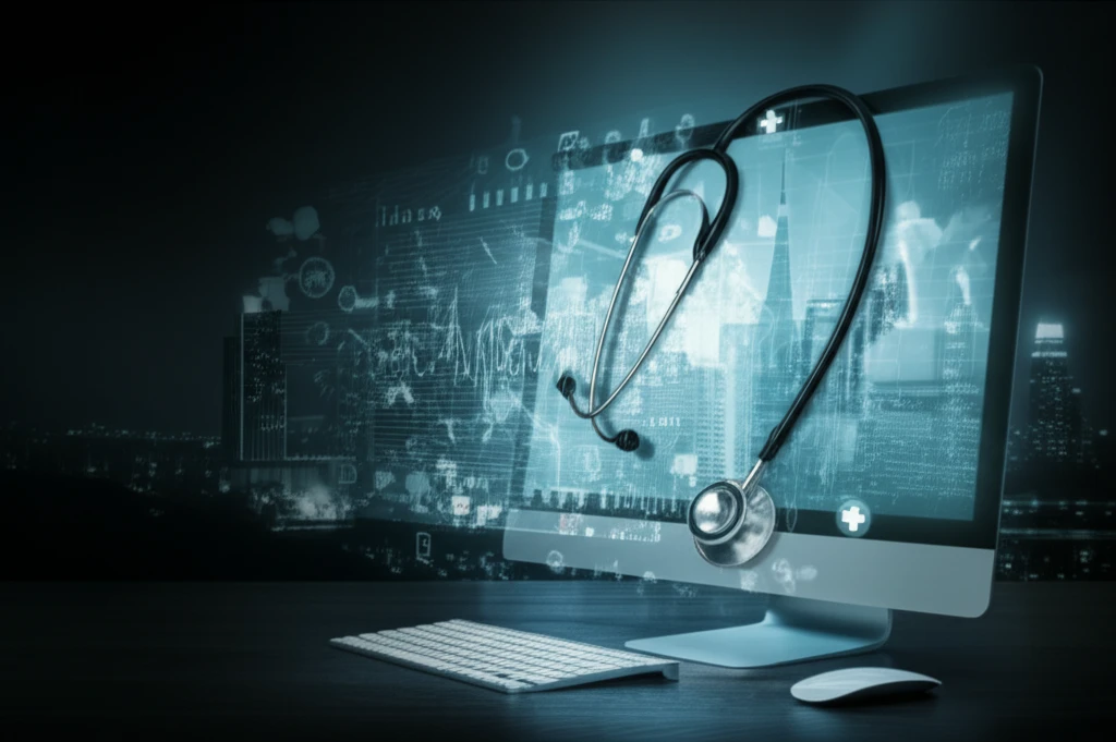 Digital illustration of a stethoscope merging with a computer screen, with medical data elements, symbolizing open-source health information systems.
