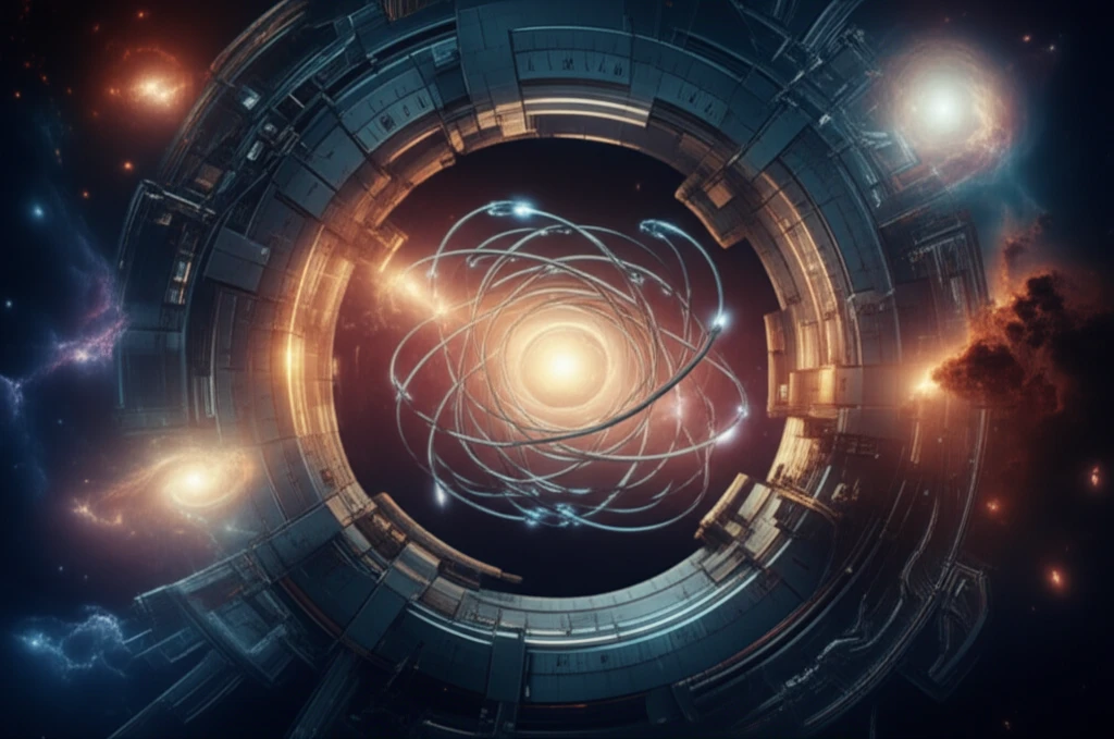 Illustration of a proton in a storage ring with a backdrop of galaxies.