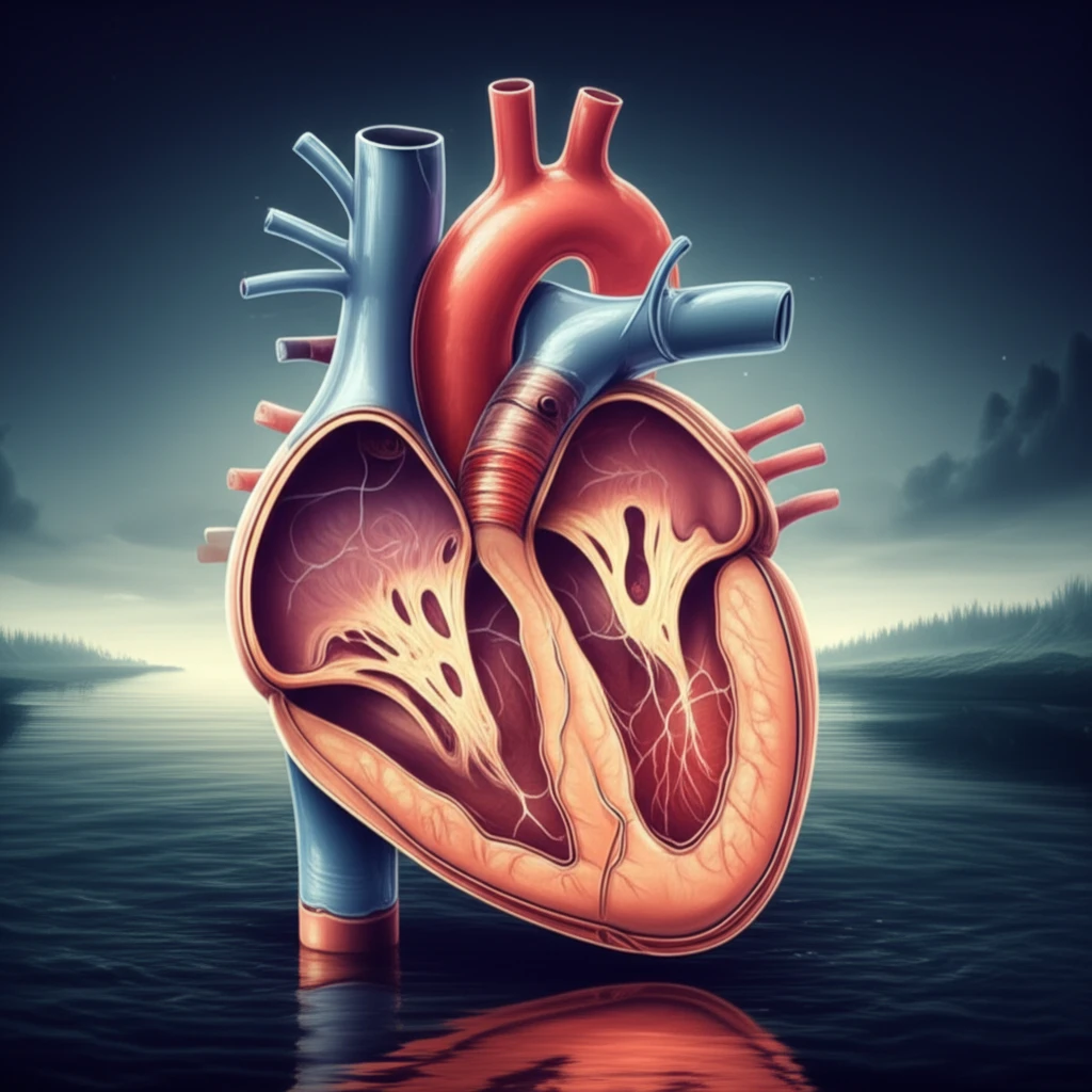 Illustration of a heart with interwoven rhythms, symbolizing cardiac dyssynchrony. The background features a balanced landscape.