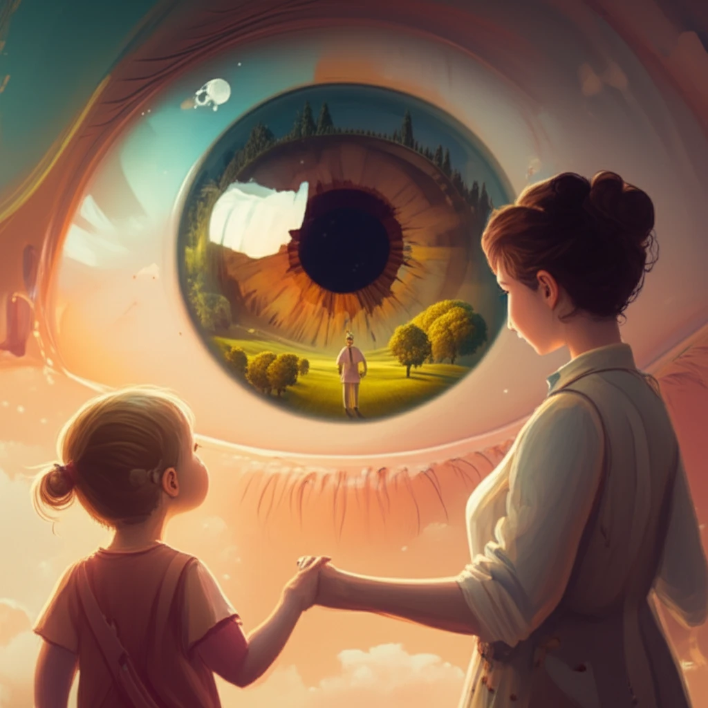 Digital illustration of a child and parent looking at a giant eye landscape, representing children's eye health.