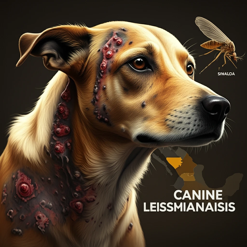 Illustration depicting canine leishmaniasis, showing a dog, sandfly, and map of Mexico.