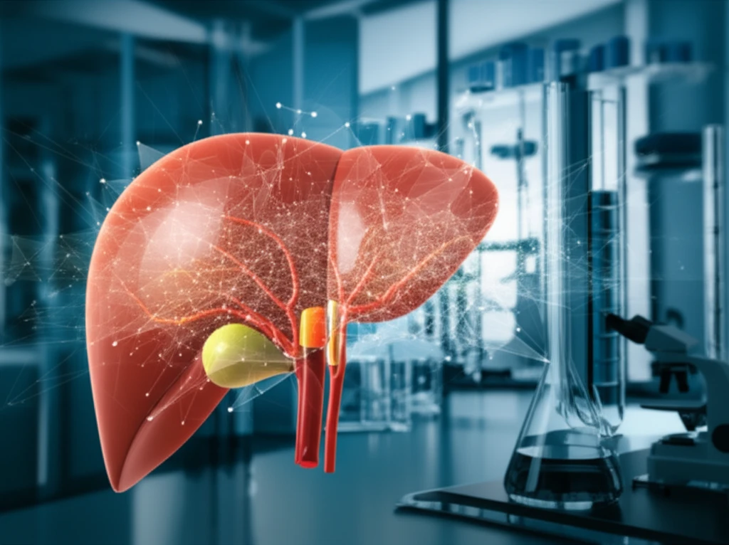 Illustration representing the impact of proteomics research on liver health and treatment.