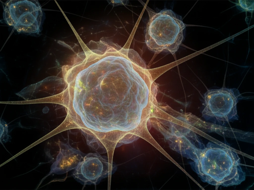 Digital art of a cell structure with glowing joint connections representing rheumatoid arthritis treatment.