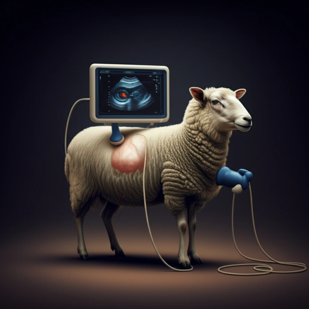 Illustration of a sheep undergoing an ultrasound examination to check on their reproductive health.