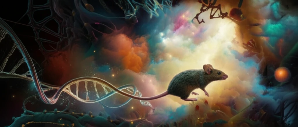 Digital illustration of a house mouse with a DNA tail exploring a colorful abstract landscape, symbolizing the study of genetics and evolution.