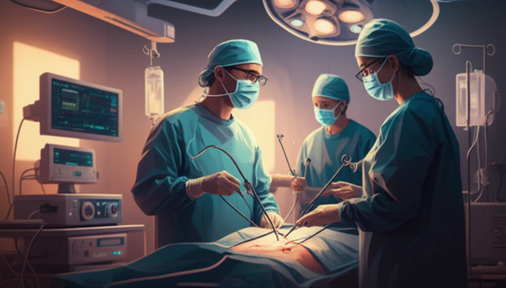 Surreal digital illustration showcasing a laparoscopic surgery scene.