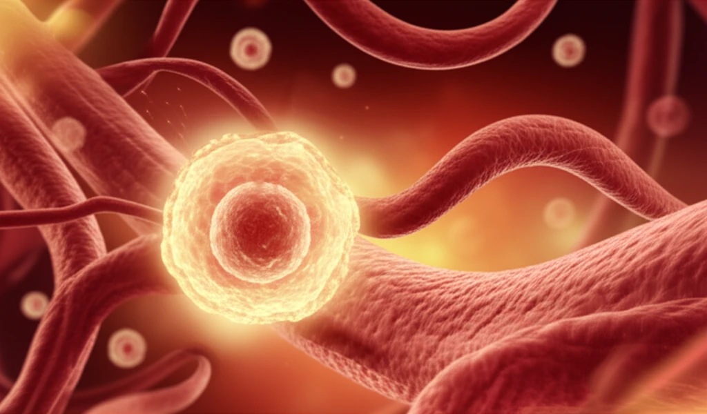 Illustration of a glowing extracellular vesicle (EV) within a network of blood vessels, representing the healing process in limb ischemia treatment.