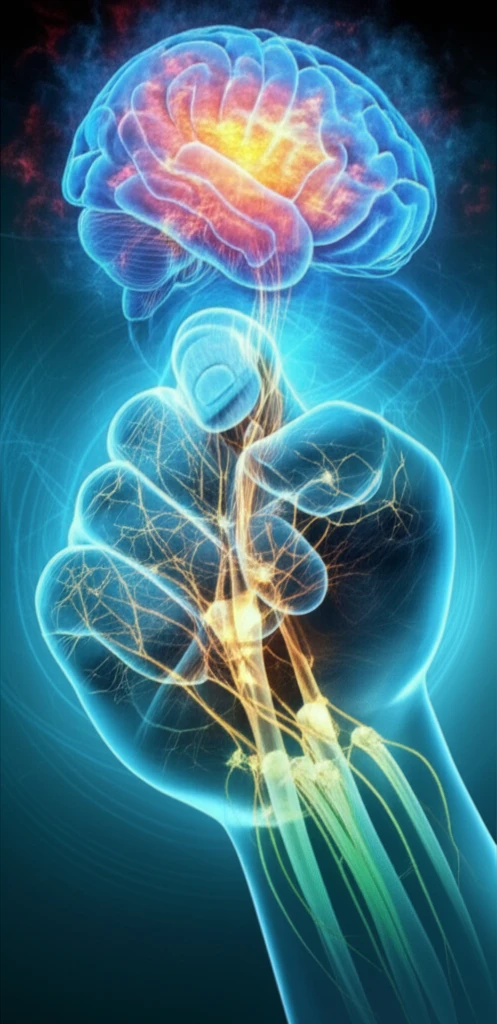 Illustration of hand performing grip exercise with brain activity and neural pathways symbolizing strength and recovery from stroke.