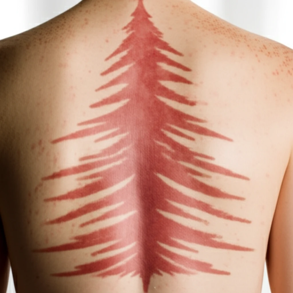 Illustration of a skin rash, displaying the characteristic 'Christmas tree' pattern associated with pityriasis rosea. The image is designed to be informative and reassuring.