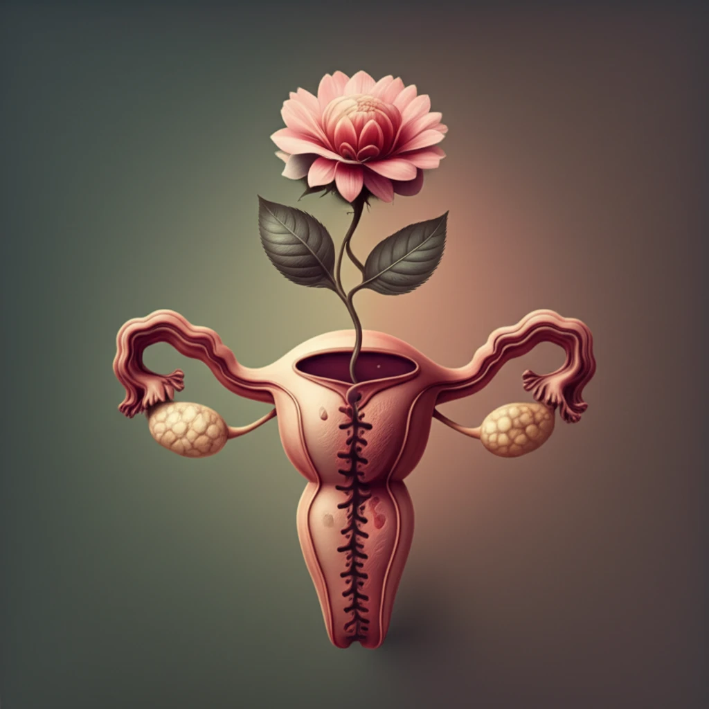 Illustration of a uterus with sutures, representing the Nausicaa technique, and a flower symbolizing hope and healing.