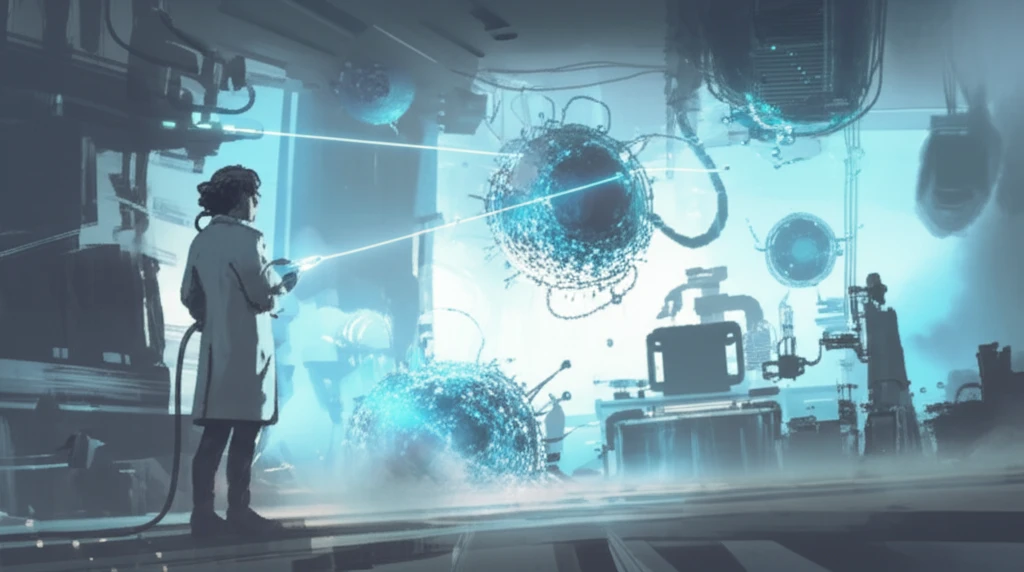 Digital illustration of laser gene delivery, highlighting scientific precision.