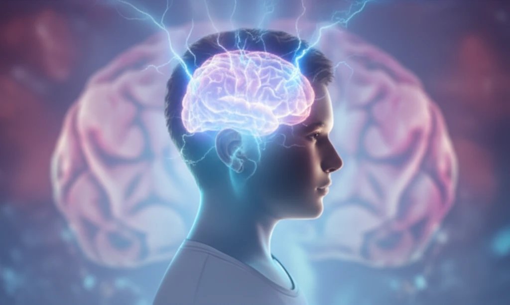 Illustration of ECT for adolescents. A young person's head with electrical sparks, symbolizing hope and healing in mental health treatment.