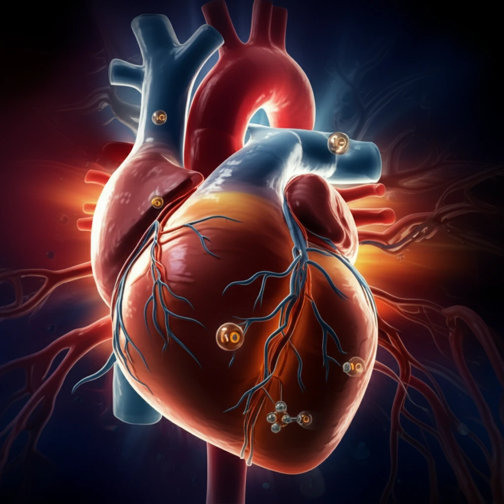 Illustration depicting a healthy heart and its blood vessels, with the concept of eNOS and NO.