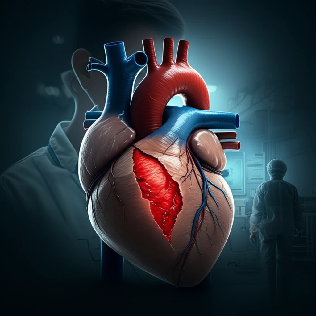 Illustration depicting a heart with a tear, a symbol of blunt chest trauma, and a silhouette of a boy, representing the case.